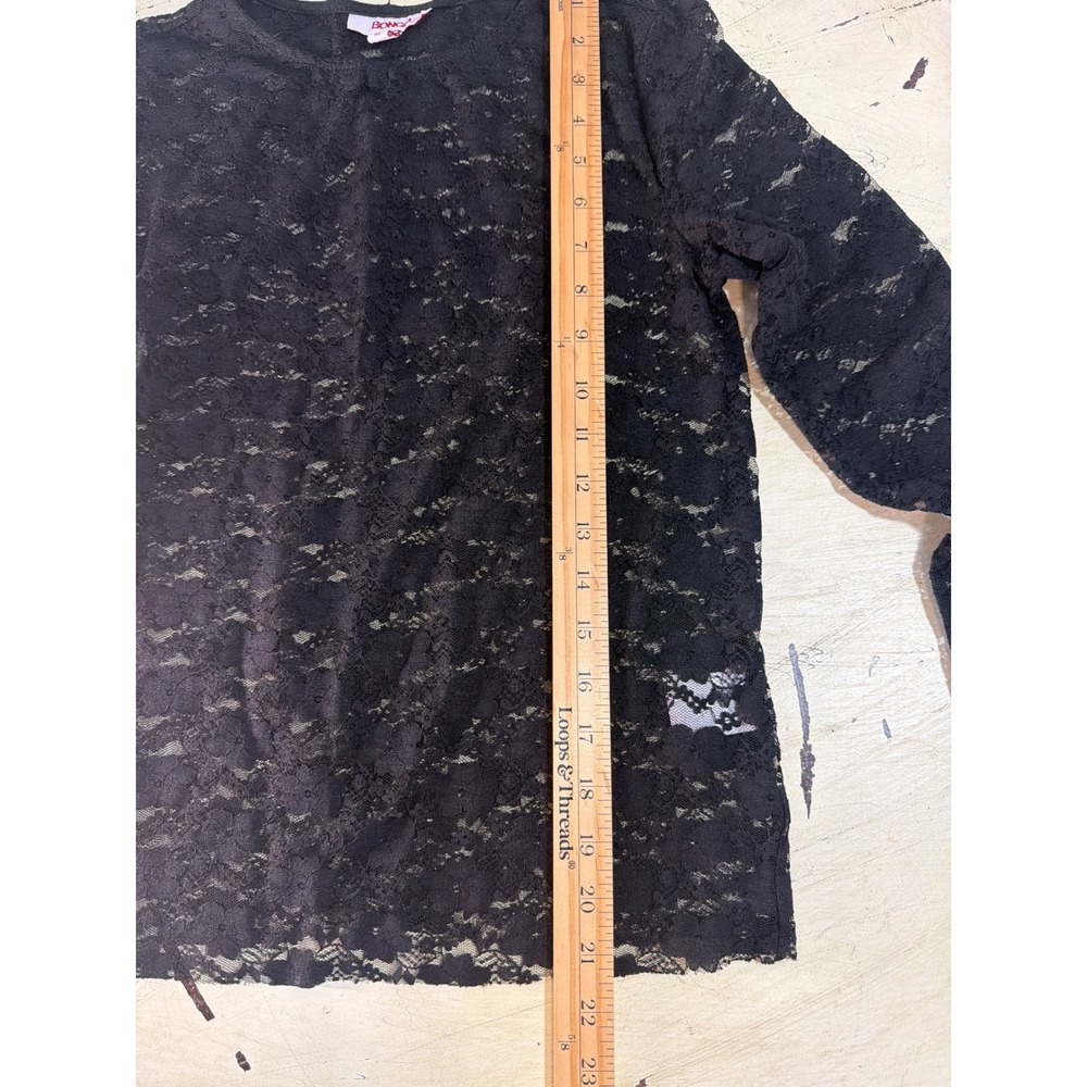 Bongo Lace Top Women Medium Black Long Sleeve Sheer Floral Crew Neck Stretch - Picture 7 of 8